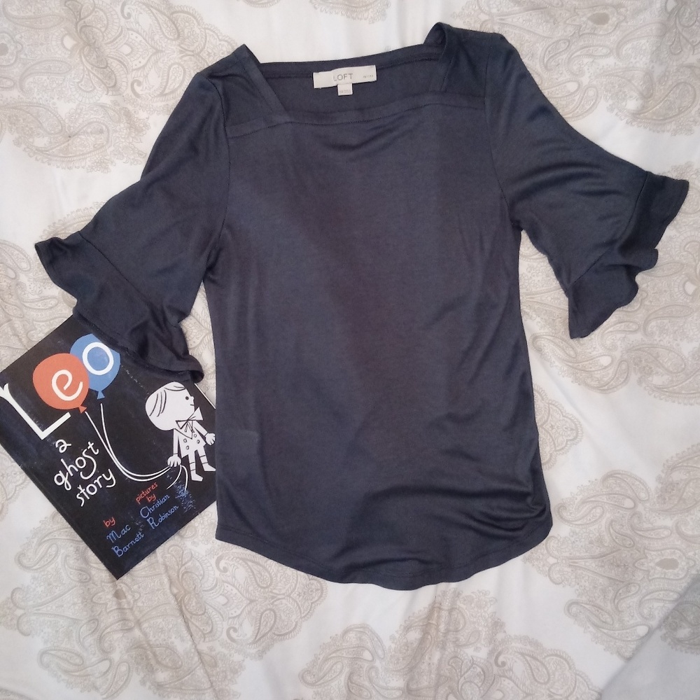 Loft Gray Blue Bell Sleeve Blouse